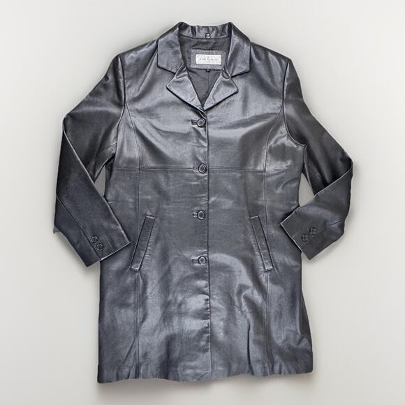 Vintage Jones Wear Sport Black Leather Button Front Long Coat L Classic 90s Y2K - Picture 1 of 12